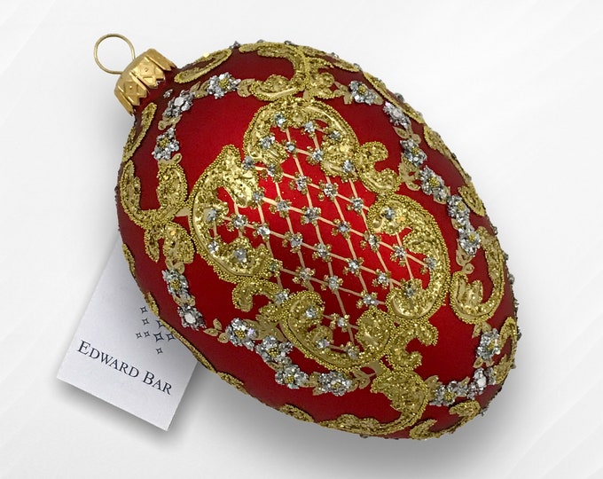 Royal Egg, Red Matt, Ornamental, Glass Christmas Tree Ornament With Swarovski Crystals, Handmade in Poland, Faberge Style Egg, Royal Eggs
