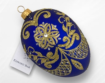 Sapphire Easter Egg, Pysanka, Glass Egg Ornament with Swarovski Crystals, Hand Painted Christmas Tree Decorations, Egg Faberge Style