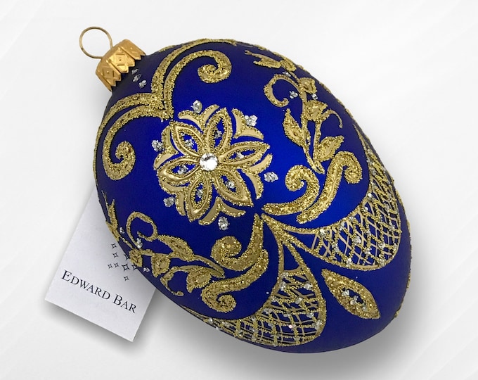 Sapphire Easter Egg, Pysanka, Glass Egg Ornament with Swarovski Crystals, Hand Painted Christmas Tree Decorations, Egg Faberge Style