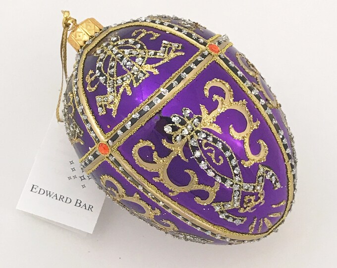 Collectible bauble-glossy violet egg, ornamental, glass Christmas ornament, Swarovski crystals, handmade in Poland, Faberge style tsar's egg