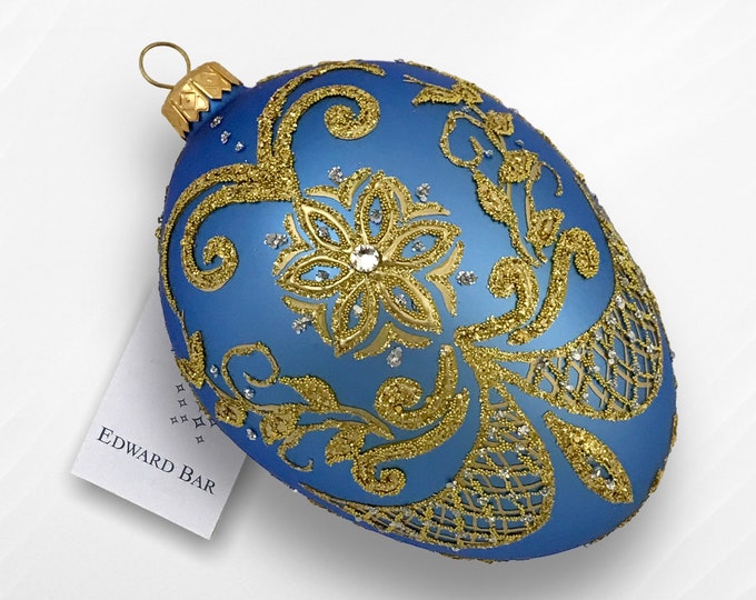 Blue Egg, Pysanka, Glass Christmas Ornaments With Swarovski Crystals, Christmas Decoration, Winter Home Decor