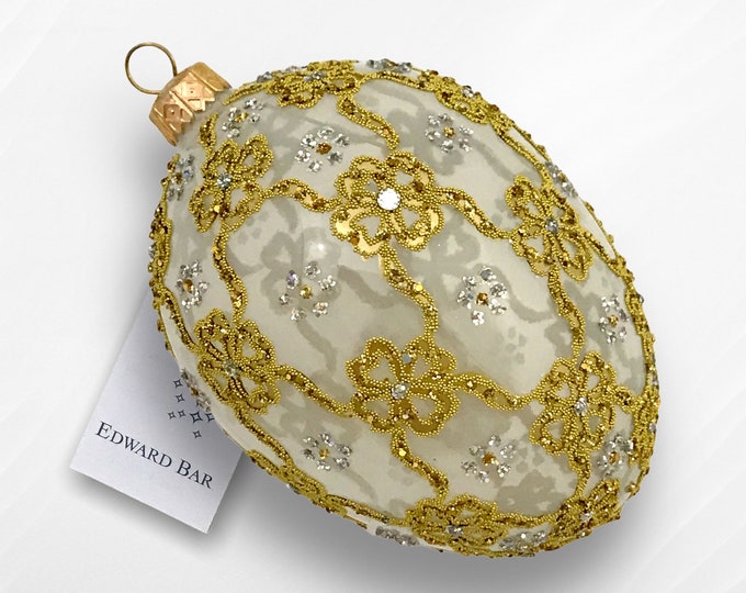 Pearl Transparent Egg, Ribbons, Glass Christmas Tree Ornament Handmade in Poland, Tsar's Eggs, Traditional Polish Glass