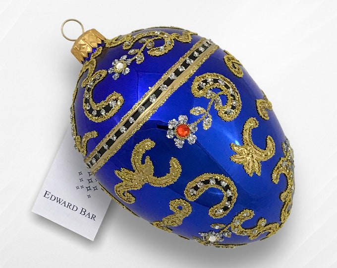 Sapphire Egg, Azov, Glass Christmas Tree Ornaments, Faberge Style tsar's egg, Swarovski Crystals, Royal Gift, Handmade in Poland,