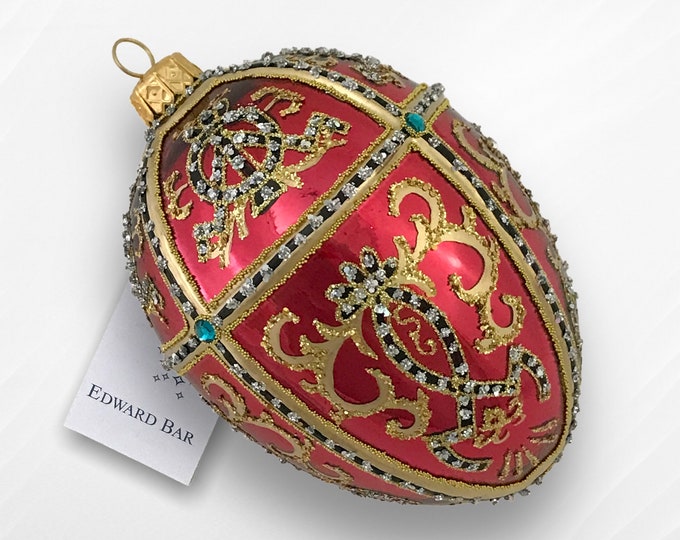 Red Glossy Egg Ornament, Oriental Egg, Glass Christmas Ornament With Swarovski Crystals, Handmade In Poland, Faberge Style Tsar's Eggs