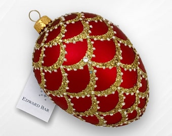 Matte red egg | Pine cone | Hand-blown glass Christmas tree ornament | Faberge-style egg | Glass Christmas ornaments | Baubles