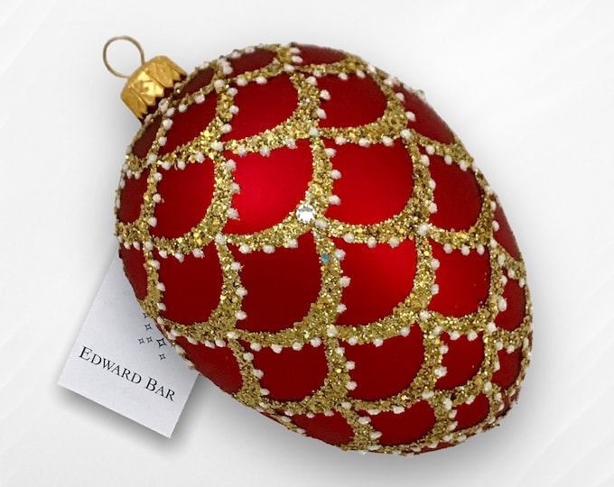 Matte red egg | Pine cone | Hand-blown glass Christmas tree ornament | Faberge-style egg | Glass Christmas ornaments | Baubles