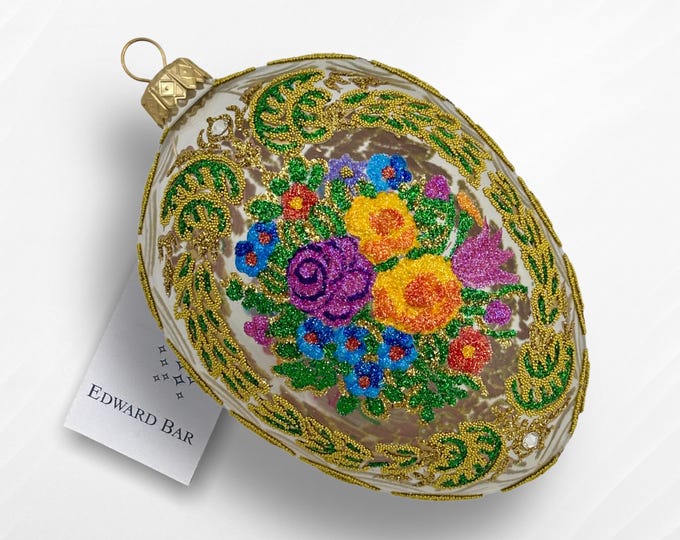 Transparent Egg, Flower Wreath, Glass Christmas Tree Ornament, Eggs Faberge Style, Swarovski Crystals, Royal Gift, Glass Handmade in Poland