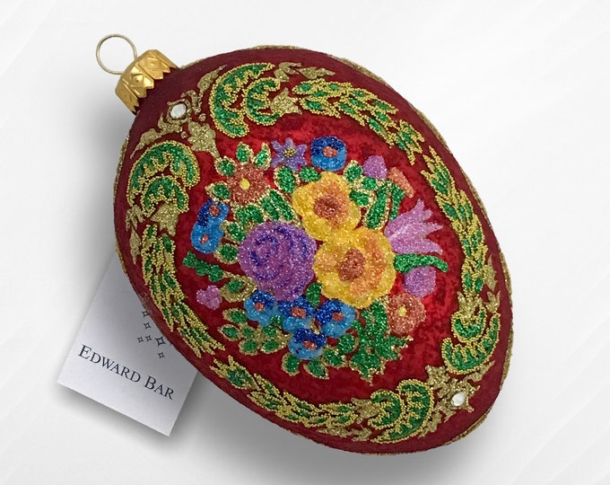 Red Egg, Flower Wreath, Glass Christmas Tree Ornaments, Eggs Faberge Style, Swarovski Crystals, Royal Gift, Glass Handmade in Poland