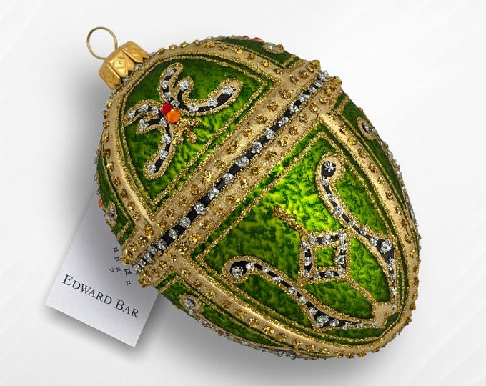 Luxury Fabergé Style Glass Egg Ornament "Kate", Hand-Painted Christmas Bauble, Beaded Easter Decoration, Edward Bar Collection