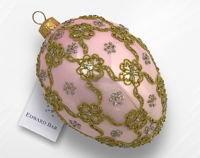 Powder Pink Egg, Ribbons, Glass Christmas Tree Ornament Handmade In Poland, Style Tsar's eggs, Traditional Polish Glass