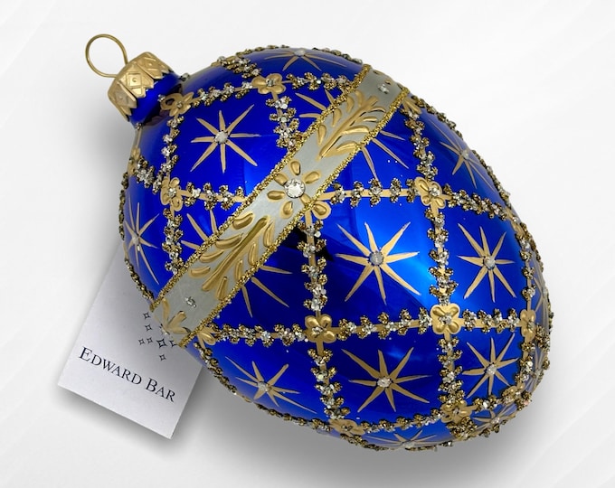 Sapphire Egg, Royal Carriage, Faberge Style, Glass Christmas Tree Ornaments, Handmade With Swarovski Crystals,Faberge Style Tsar's Eggs