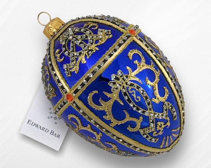 Glossy Sapphire Egg, Oriental Ornament Egg, Glass Christmas Ornament With Swarovski Crystals, Handmade In Poland, Faberge style tsar's egg