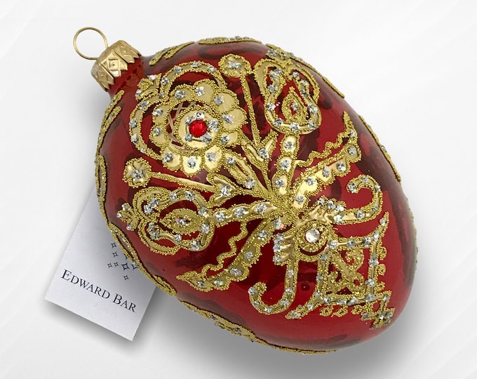 Red Transparent Egg, Parzenica Goralska, Glass Christmas Tree Ornament, Egg Ornament with Swarovski Crystals, Handmade in EU, Faberge Style
