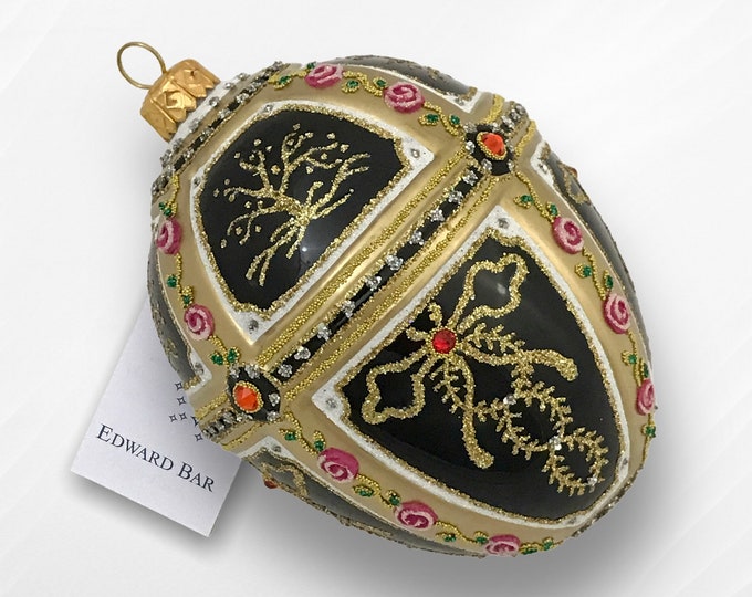 Black Egg, Tsarevich Garlands, Glass Christmas Tree Decoration Tsar's Egg in Faberge Style with Swarovski Crystals