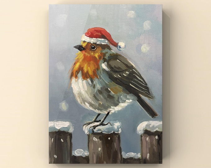 Robin | Winter bird on fence | Paintings of forest birds | Paintings on canvas