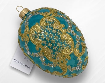 Pearl Transparent, Turquoise Egg, Ornamental, Glass Christmas Tree Ornaments, Handmade In Poland, Royal Faberge Style, Swarovski Crystals