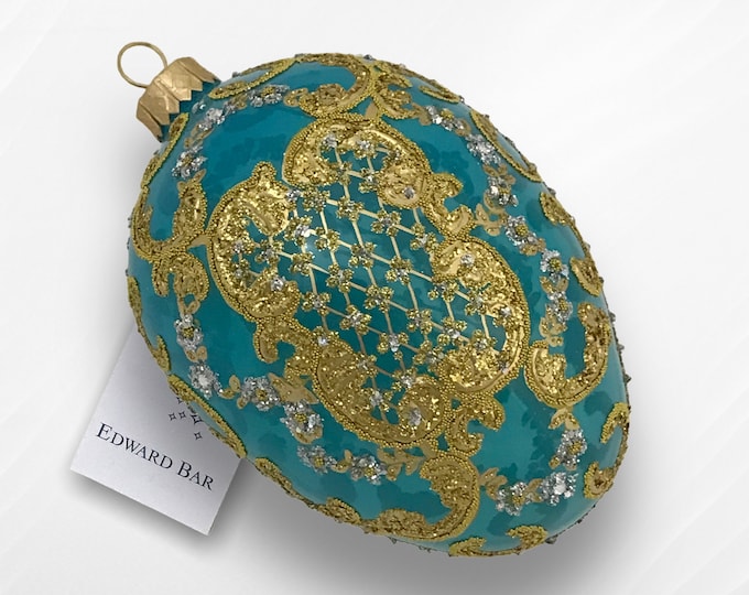 Pearl Transparent, Turquoise Egg, Ornamental, Glass Christmas Tree Ornaments, Handmade In Poland, Royal Faberge Style, Swarovski Crystals