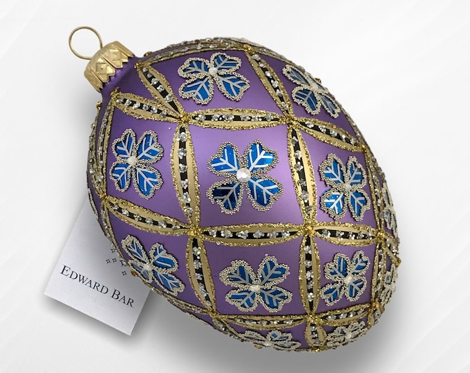 Lavender Egg, 4 Leaf Clover, Glass Christmas Ornament With Swarovski Crystals, Handmade In Poland, Edward Bar Ornaments