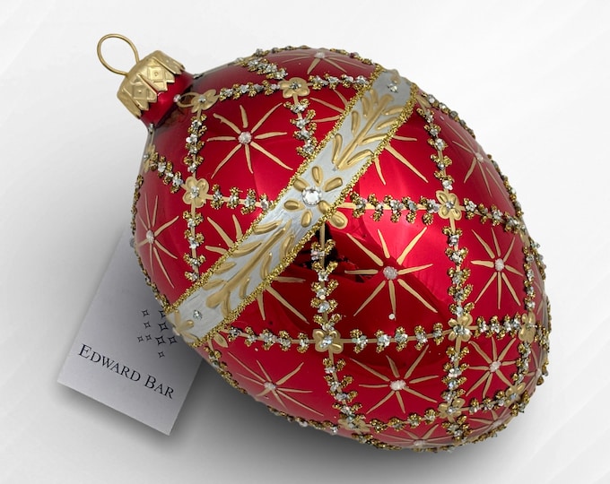 Red Egg | Royal Carriage | Exquisite Faberge-Style Handcrafted Glass Egg Ornament | Glass Christmas Ornaments