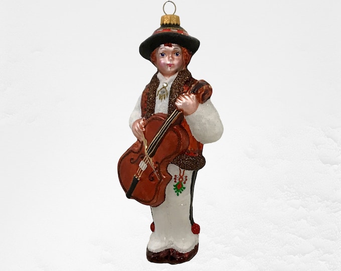 Goral with a bass, Boy from Zakopane, regional glass bauble, Polish hand-painted Christmas tree decoration,