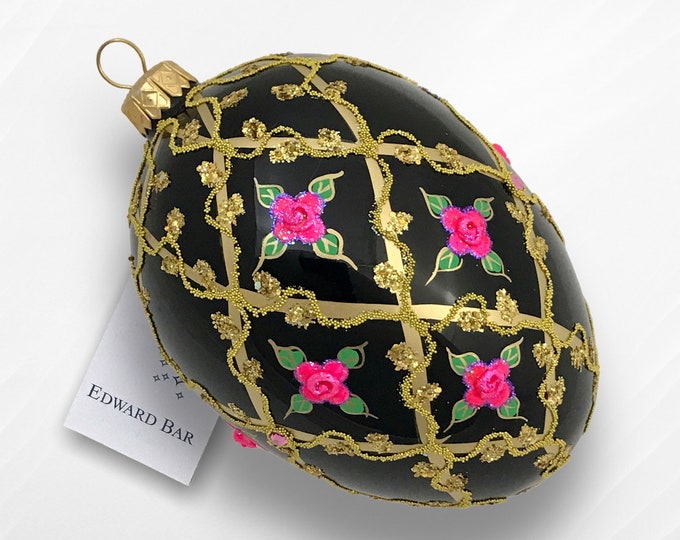 Black Egg, Wild Rose, Glass Christmas Ornaments With Swarovski Crystals, Faberge Style Egg, Royal Gift, Handmade in Poland,