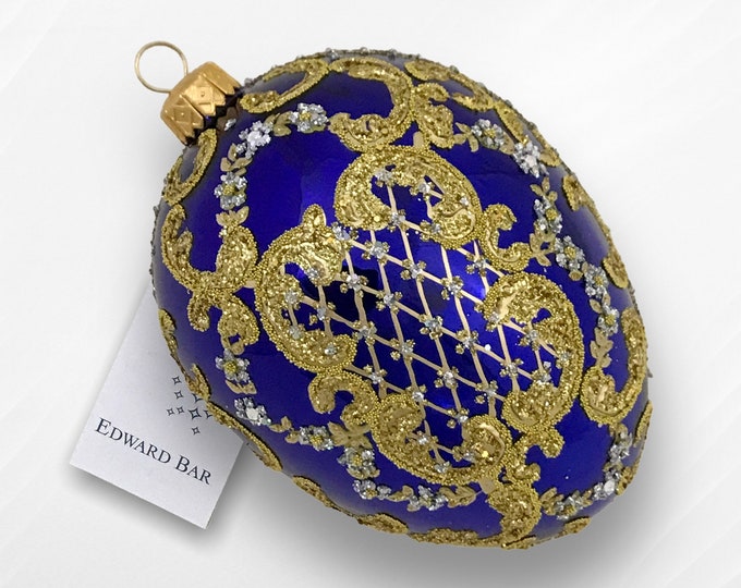 Glossy Sapphire Egg, Ornamental, Glass Christmas Tree Ornament With Swarovski Crystals, Handmade in Poland, Polish Glass, Royal Eggs