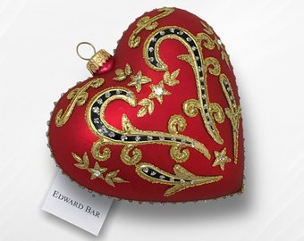 Red matt heart, glass christmas ornament hand-decorated, heart glass bauble,Polish glass traditional