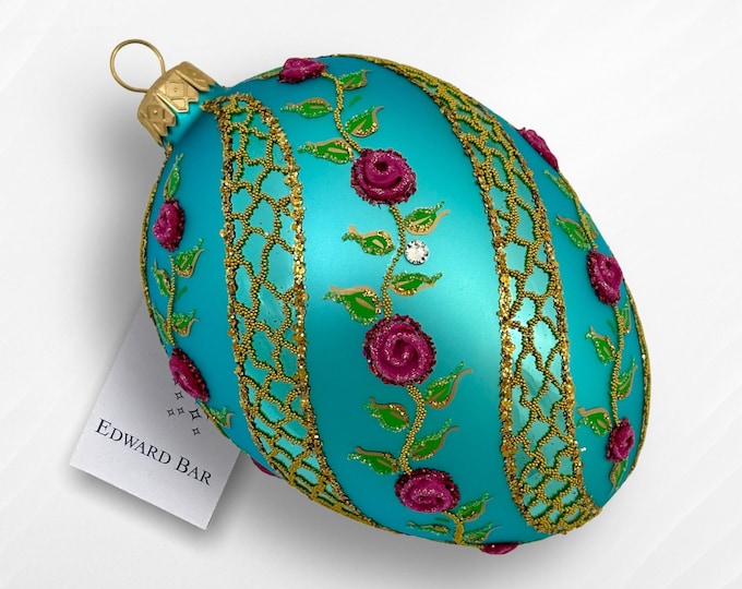 Turquoise Egg, Spiral Rose, Glass Christmas Tree Ornaments, Handmade With Svarowski Crystals, Handmade in Poland, Fabergé Style Egg