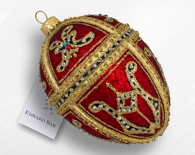 Luxury Fabergé Style Glass Egg Ornament "Kate", Hand-Painted Christmas Bauble, Beaded Easter Decoration, Edward Bar Collection