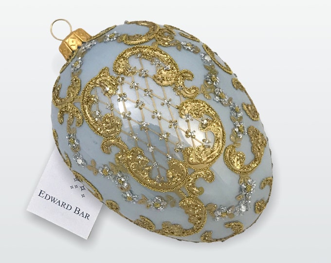 Light Blue Egg, Ornamental, Glass Christmas Tree Ornament With Swarovski Crystals, Handmade in Poland, Faberge Eggs Style
