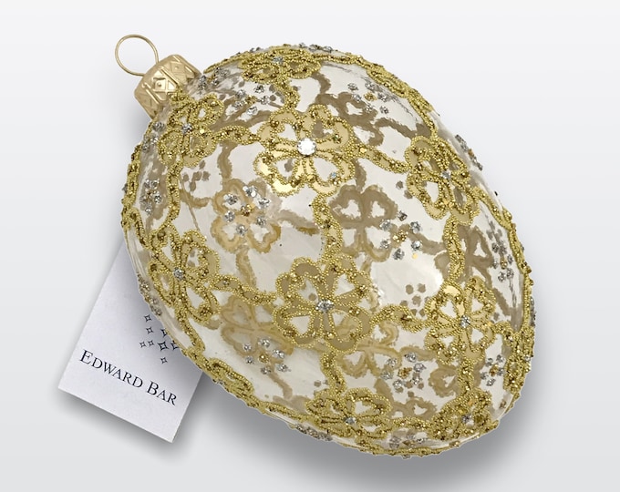Transparent Egg, Ribbons, Glass Christmas Tree Ornament Handmade In Poland, Edward Bar Ornaments, Faberge Style Tsar's Egg,Polish Glass