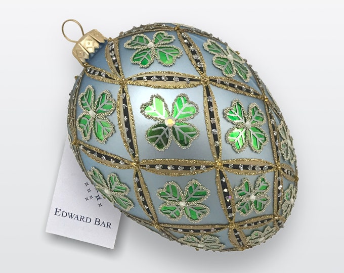 Light Blue Egg, 4-leaf clover, Glass Christmas decorations with Swarovski crystals, Handmade in Poland, Polish traditional glass,