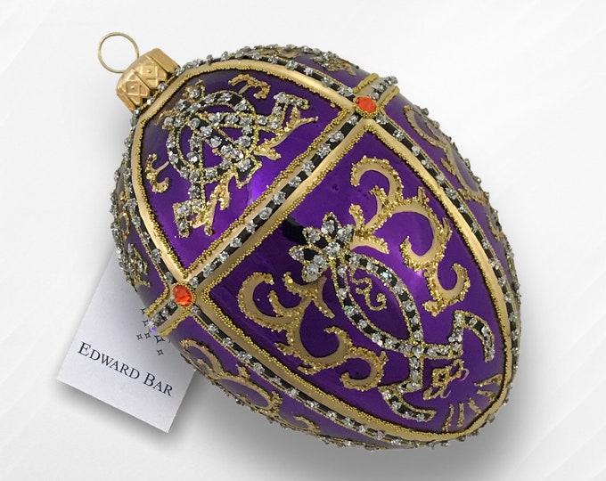 Violet Glossy Egg, Oriental Ornament Egg, Glass Christmas Ornament, Swarovski crystals, Handmade in Poland, Faberge Egg Style