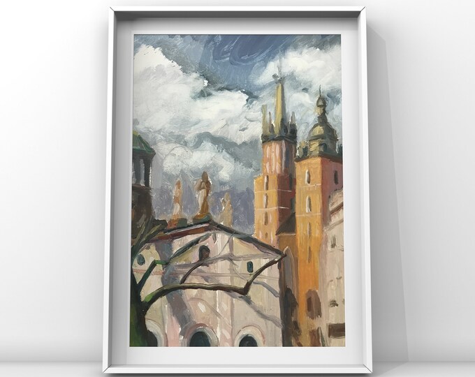 Kościół Mariacki w Krakowie, obraz olejny 18x24 cm, malarstwo współczesne