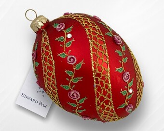 Red Egg, Spiral Rose, Glass Christmas Tree Ornament With Swarovski Crystals, TraditionHandmade in Poland