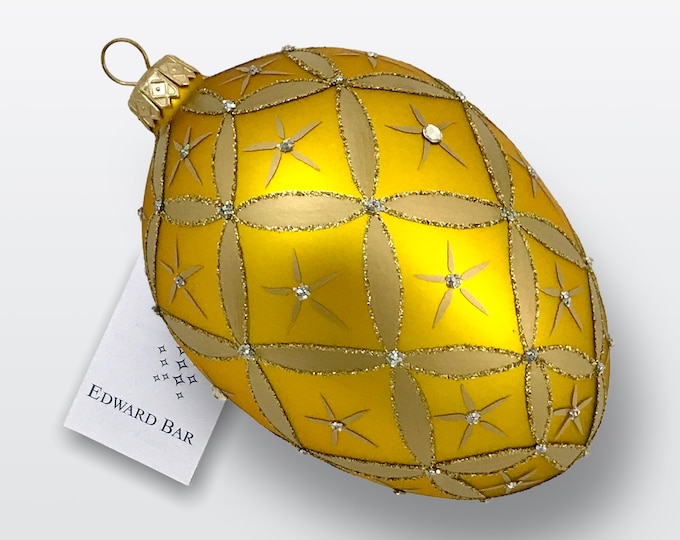 Gold Matt Egg, Little Stars, Glass Christmas Ornaments, Swarovski Crystals, Faberge Style, Handmade Decorated, Polish Glass Ornaments