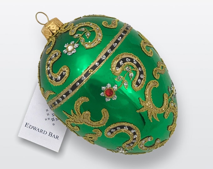 Green Egg, Azov, Glass Christmas Tree Ornaments, Eggs Faberge Style, Swarovski Crystals, Royal Gift, Handmade in Poland