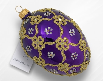 Purple Glossy Egg Ornament, Ribbon Egg, Glass Christmas Ornament With Swarovski Crystals, Handmade In Poland, Faberge Style Tsar's Egg