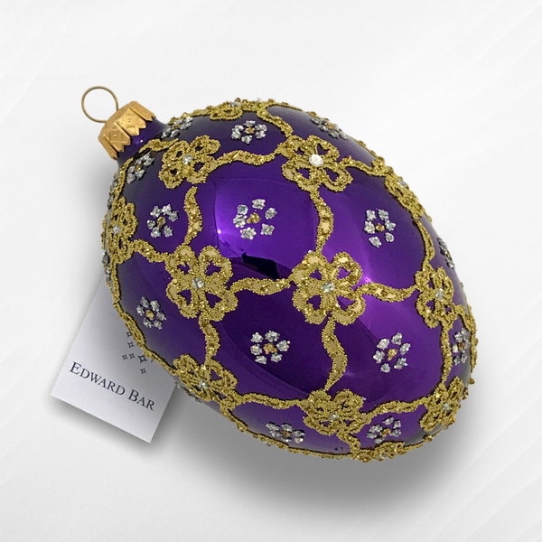 Purple Glossy Egg Ornament, Ribbon Egg, Glass Christmas Ornament With Swarovski Crystals, Handmade In Poland, Faberge Style Tsar's Egg