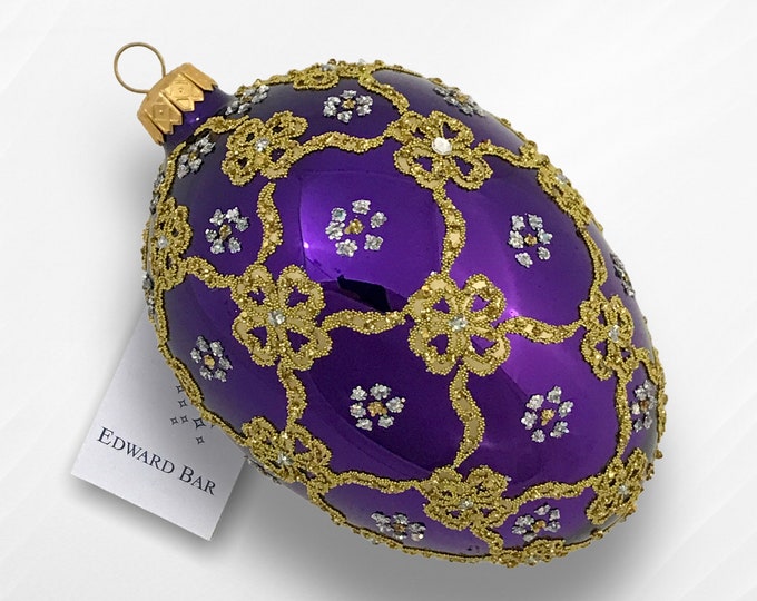 Purple Glossy Egg Ornament, Ribbon Egg, Glass Christmas Ornament With Swarovski Crystals, Handmade In Poland, Faberge Style Tsar's Egg