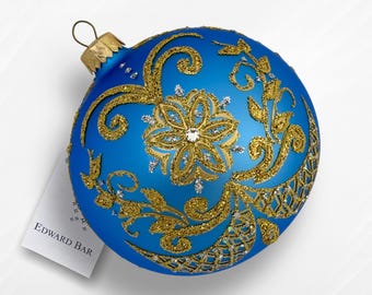 Blue bauble, Easter egg, round hand-decorated bauble, glass Christmas tree ornament