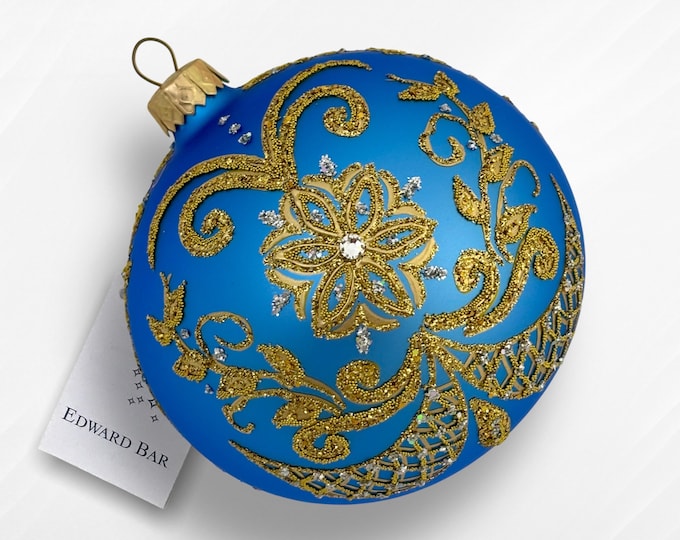 Blue bauble, Easter egg, round hand-decorated bauble, glass Christmas tree ornament