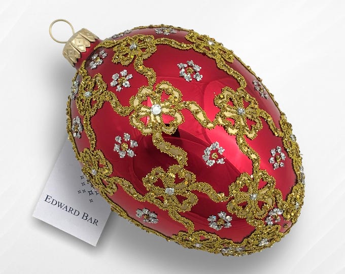 Red Glossy Egg, Ribbon Egg, Glass Christmas Tree Ornament Hand-made In Poland, Tsar's Style Eggs, Traditional Polish Glass, Royal Easter Egg