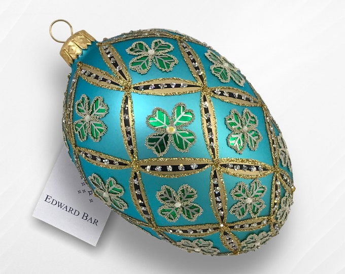 Turquoise Egg, 4-leaf clover, Glass Christmas decorations with Swarovski crystals, Handmade in Poland, Polish traditional glass