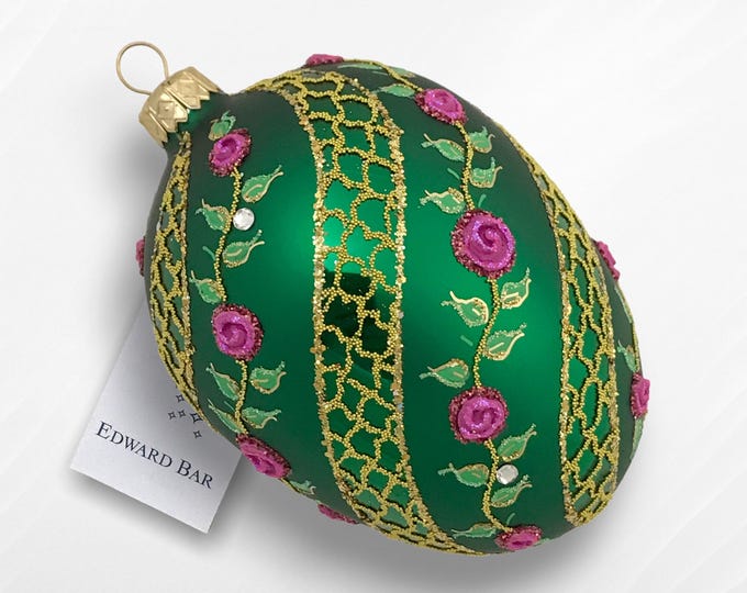 Green Egg | Spiral Rose | Hand-blown Glass Christmas Tree Ornament | Tsar Egg | Collectible Ornament | Christmas Ornaments