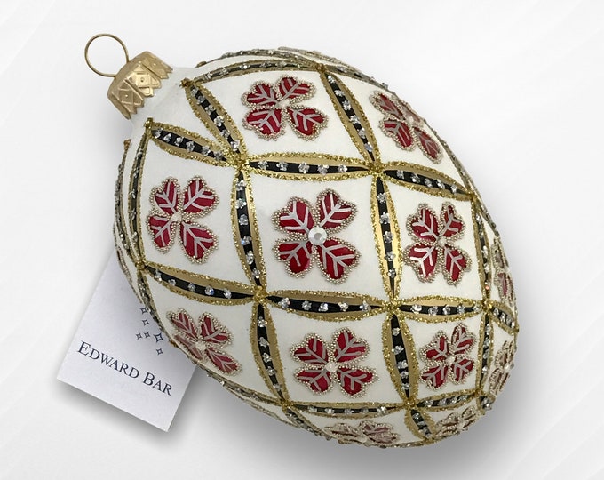 White Egg, 4 Leaf Clover, Glass Christmas Ornament With Swarovski Crystals, Faberge Style Tsar's Egg, Unique Gift
