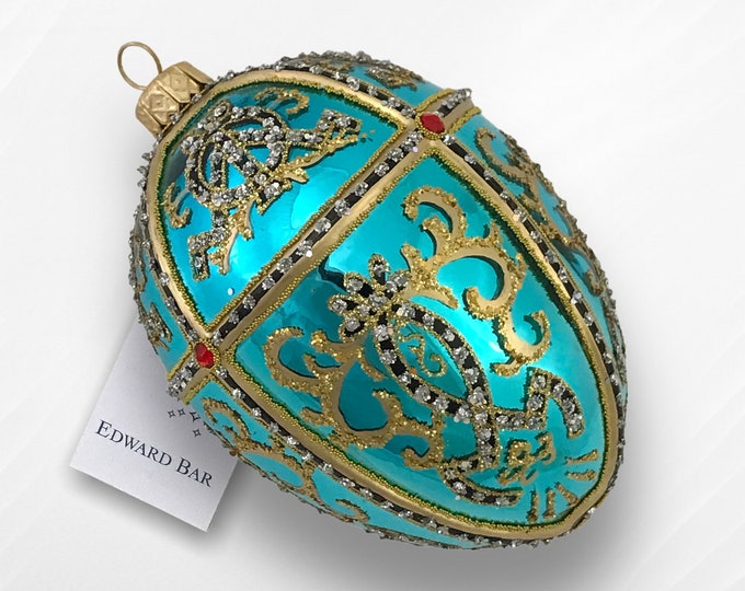 Turquoise Glossy Egg, Oriental, Glass Christmas Ornament With Swarovski Crystals, Handmade In Poland, Faberge Style Tsar's Eggs