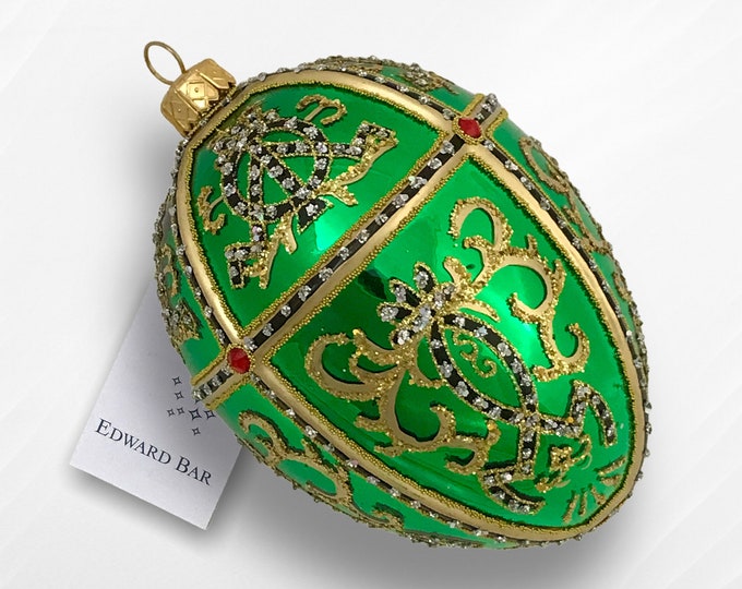 Glossy Green Egg, Oriental, Glass Christmas Ornament With Swarovski Crystals, Handmade In Poland, Faberge style tsar's egg