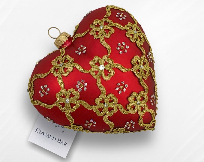 Red matt heart with ribbons, glass christmas ornament hand-decorated, heart glass bauble,Polish glass traditional