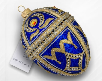 Glass Egg Ornament | Tsar Alex | Hand-Painted Faberge Style | Richly Decorated with Crystals | Luxury Collectible Christmas Bauble